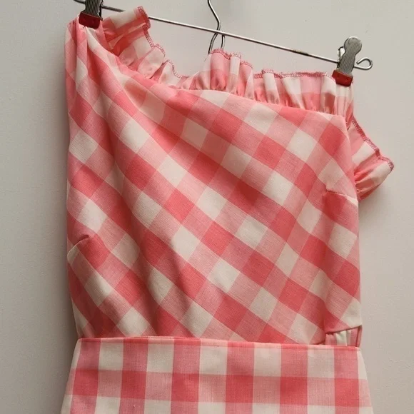 Gingham Check Pink Ruffle Vtg Dress - Picture 3 of 9